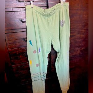 Lauren Moshi Like New Large Sweatpants with hearts and lightning bolts Green
